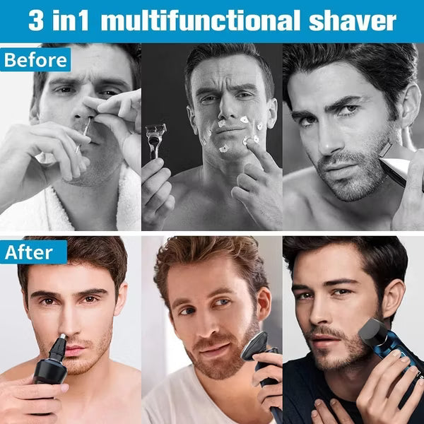 Hoey 3-in-1 Electric Shaver for Men, Rechargeable Wet & Dry Beard & Nose Hair Trimmer Kit, IPX7 Waterproof & LED