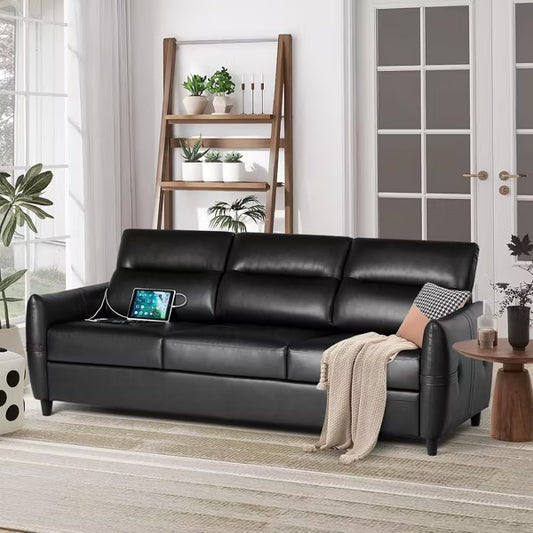 TYBOATLE 85" Faux Leather 3-Seater Sofa with USB Ports, Mid-Century Modern Couch for Living Room, Office, or Apartment – Black
