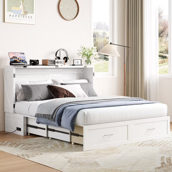 Murphy Bed Cabinet with Foldable Mattress, Queen Murphy Bed with Charging Station, Drawers-White