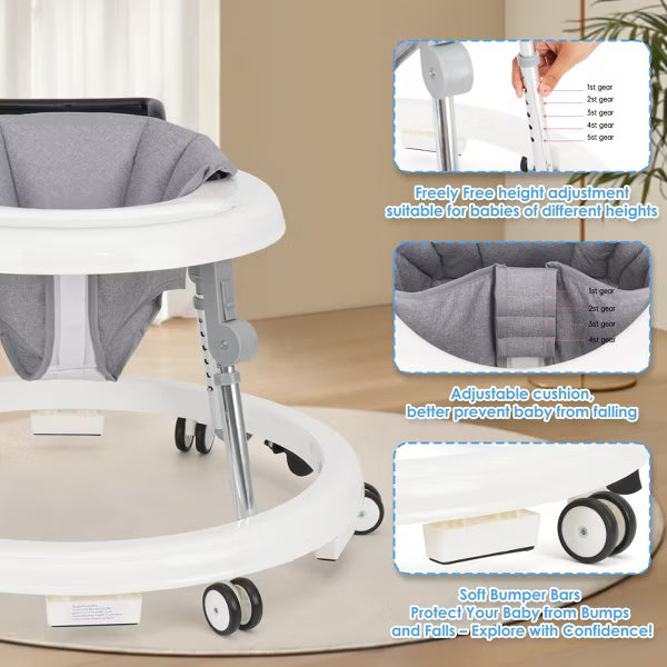 Kmaier Baby Walker Adjustable Height Foldable Toddler Walker with Wheels and Activity Tray for Boys and Girls,White