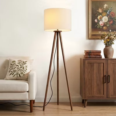60.5" Natural Wood Tripod Floor Lamp, Nordic Style with White Linen Shade for Bedroom, Living Room, Study, Reading Room & Office