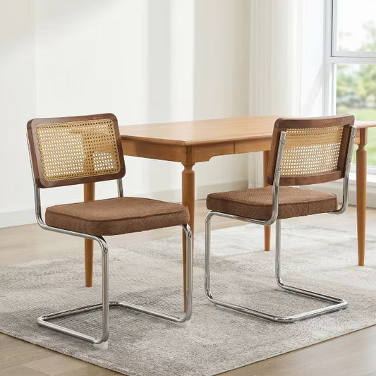 Rattan Dining Chairs Set of 2, Modern Kitchen Chairs with Solid Wood Back & Chrome Base, Mid Century Breuer Design Inspired, Upholstered Velvet Fabric