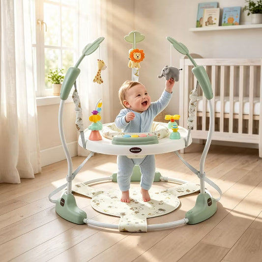 TODECARE 3-in-1 Baby Activity Jumper – 360 Rotating Seat, 3-Level Adjustable Height, Interactive Toys, Removable Foot Mat, Green