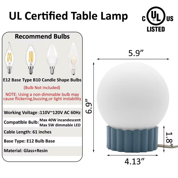 Opal Glass Globe Table Lamp, UL Certified, with Ribbed Resin Base and Dimmer Switch, Ideal for Bedroom Nightstand, Living Room Side Table,Blue