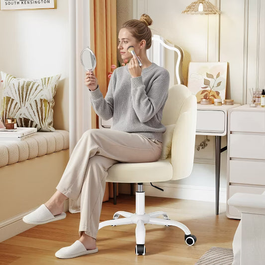 KERDOM Swivel Vanity Chair, Adjustable Height Cute Desk Chair with Lumbar Pillow,Upholstered Armless Office Chair for Bedroom Makeup Home Office,Beige