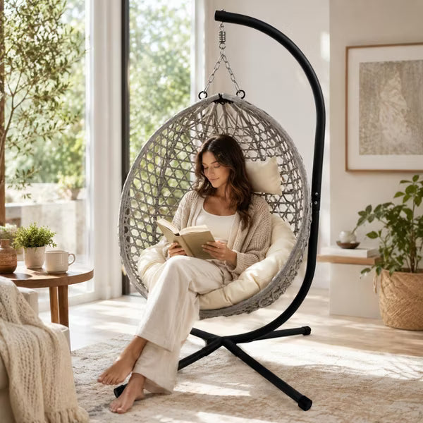 Foldable Grey Hanging Egg Chair with Stand – All-Weather Rattan Swing Basket Chair for Indoor & Outdoor Relaxation