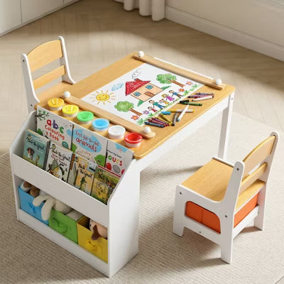 TODECARE 4-in-1 Kids Table & Chairs Set with Whiteboard, Chalkboard, and Storage, Design for Study, Play, and Snack Time, Natural