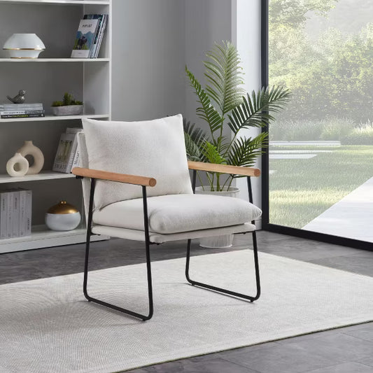 Modern Accent Chair with Removable Cushion, Wood Armrests, for Living Room, Bedroom, White