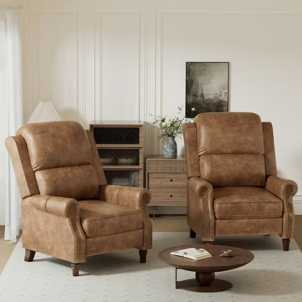 KERDOM Vintage PU Leather Recliner Chair,Adjustable Wingback Reclining Armchair,Ergonomic Single Sofa Chair for Living Room Bedroom,Camel brown
