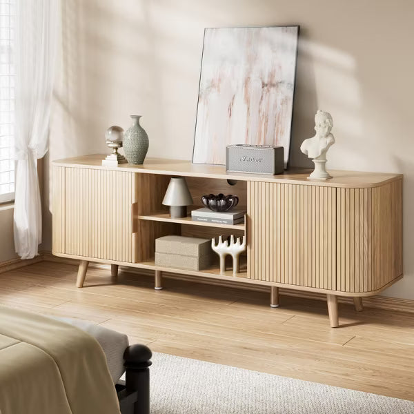 Qwatto 55'' Tambour Door TV Stand Oak Wood Media Cabinet for 65 In TV Arc Curved Edge Design Mid Century Modern Console with Open Shelves living room