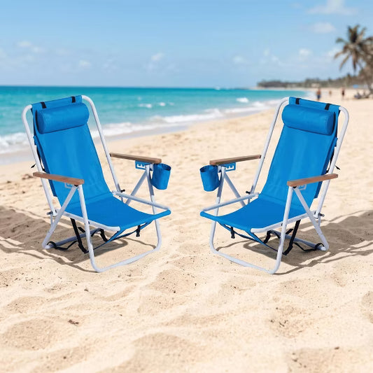 Backpack Beach Chair Set of 2，Camping Chairs with Removable Headrest，Cup Holder，4-Level Adjustable Folding Chair for Beach，Camp，Outdoor(Blue)