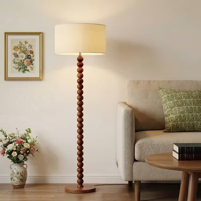 61" Walnut Wood Standing Floor Lamp with Linen Drum Shade, Modern Accent Light for Living Room, Bedroom, Hallway Study,Beige