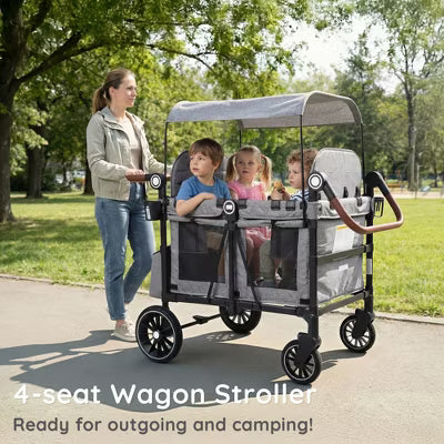 TODECARE 4-Seat Foldable Wagon Stroller with Harnesses, Adjustable Double Push Handle, Canopy, Snack Tray & Storage Bag, Gray