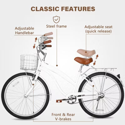 Hykolity 26 Inch Cruiser Beach Bike Commuter Bicycle for Adult Women Men City Bikes with Basket Comfort Saddle Rear Rack Blue