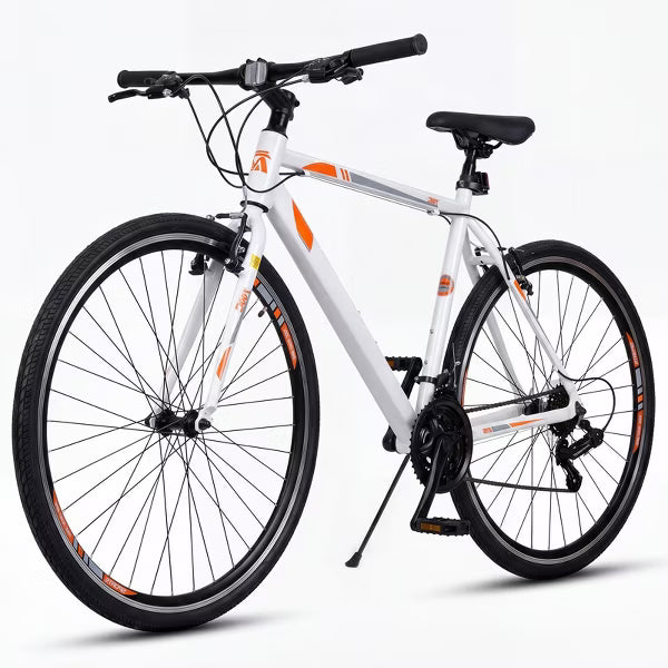Hykolity 700C Adult Road Bike, 21-Speed Fitness Commuter Bicycle with Aluminum Alloy Frame, Flat Handlebar, Front & Rear V-Brakes, White