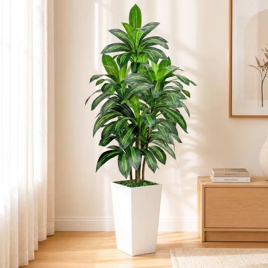 ROMSWI Dracaena Artificial Tree 5FT Tall Pre Potted Dracaena Trees with White Tall Square Planter for Indoor Outdoor Home Office Decor