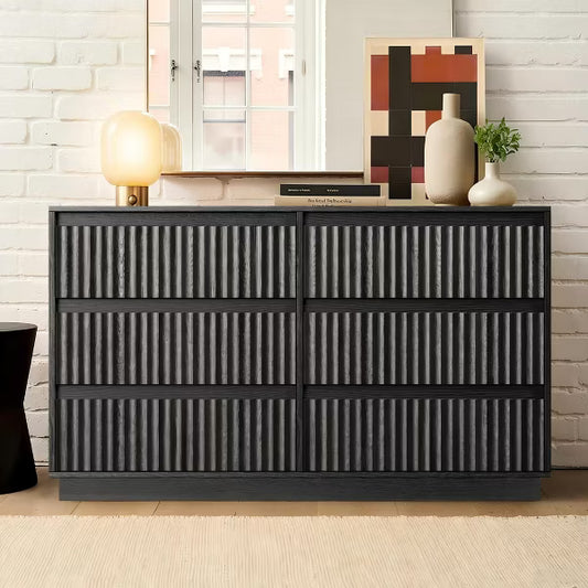 KOLIGEY 6-Drawer Dresser 47"W Double Black Dresser With Waveform Fluted Panel