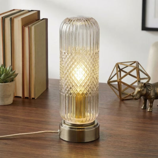 Touch Dimmable Ribbed Glass Table Lamp, UL Listed, with Bronze Base and Braided Cord, Nightstand & Bedside Lamp for Bedroom,Clear