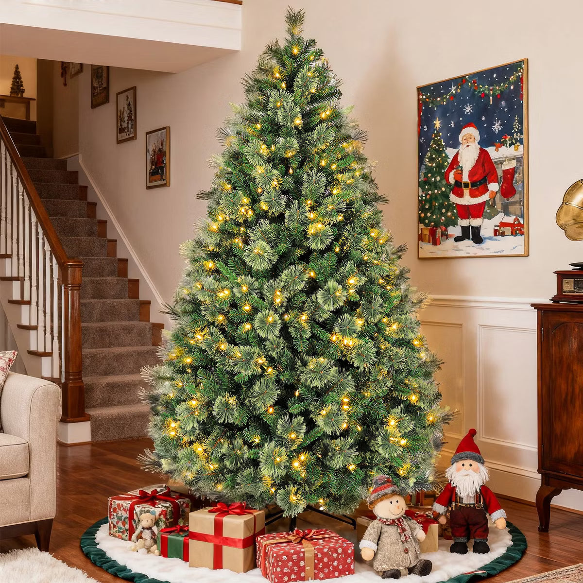 VIVATREES 6FT 7FT Pre-lit Artificial Christmas Tree Hinged Branch Tips with LED White Warm Lights Foldable Metal Base 6FT