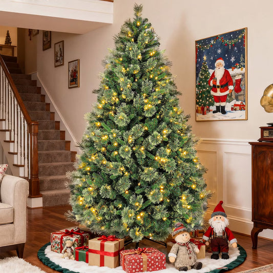 VIVATREES 6FT 7FT Pre-lit Artificial Christmas Tree Hinged Branch Tips with LED White Warm Lights Foldable Metal Base 6FT