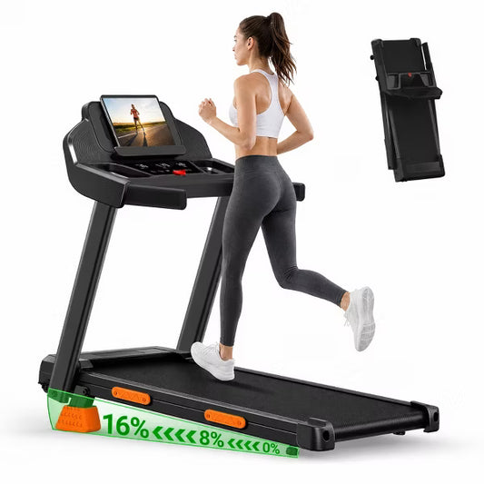 KikiBriz Foldable Treadmill with 16 Incline, 3-in-1 Design, 3 Screen Display, 12 Programs and 400 lb Capacity for Home Use (BLACK)