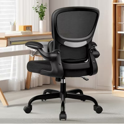 KERDOM Office Chair, Breathable Mesh Comfy Chair with Lumbar Support, Flip-up Armrests, Desk Chair for Adults Home Office, Black