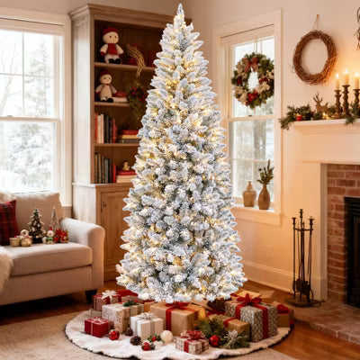 VIVATREES 6.5/7.5ft Pre-lit Slim Artificial Christmas Tree Hinged Mixed PVC PE Branch Tips Warm White LED Lights Foldable Base 6.5FT
