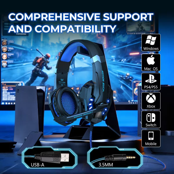 Gaming Headset with Microphone, Compatible with PS4 PS5 Xbox One PC Laptop, Over-Ear Headphones with LED Light, Noise Canceling Mic