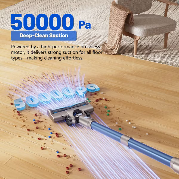 Teendow Cordless Vacuum Cleaner,50KPa Lightweight Stick Vacuum with 300W Brushless Motor,Self-Standing Design,Hardwood Floor Vacuum,Blue