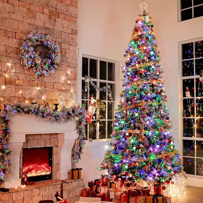 VIVATREES 6.5FT Pre-lit Flocked Slim Artificial Christmas Tree Hinged Mixed PVC PE Branch Tips Pine Needle Warm White LED Lights Foldable Base
