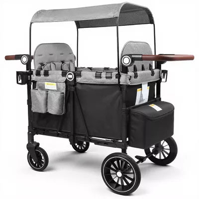 TODECARE 4-Seat Foldable Wagon Stroller with Harnesses, Adjustable Double Push Handle, Canopy, Snack Tray & Storage Bag, Black & Gray