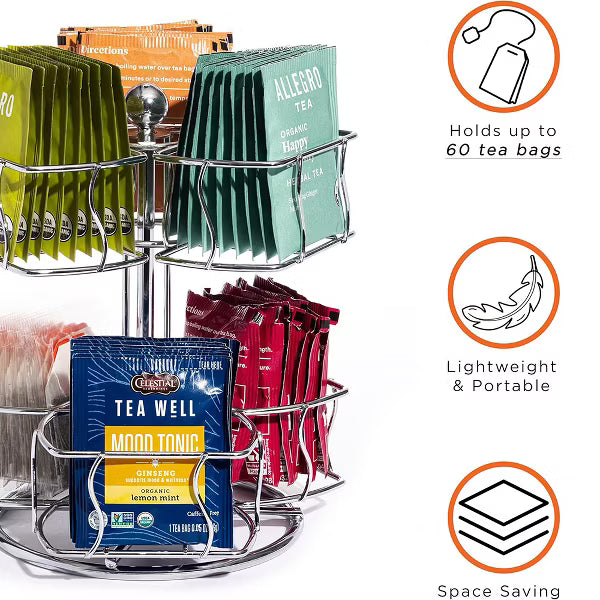 2-Tier Tea Bag Spinning Carousel Organizer, Revolving Countertop Storage for Pantry, Holds Up to 60 Large Tea Bags, Ideal for Matcha Station