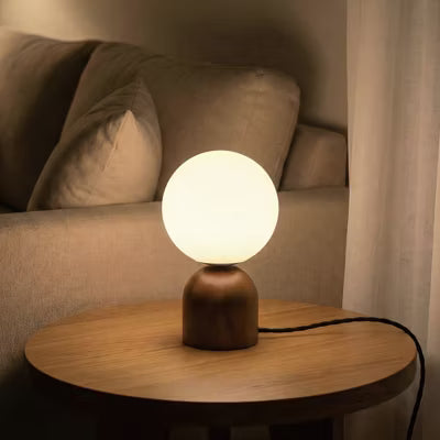 Opal Glass Globe Table Lamp with Wood Base and Dimmer Switch,Walnut
