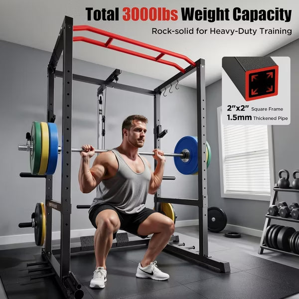 SPORTSROYALS Power Rack, Multi-Functional Power Cage, Squat Rack with Pulley System & LAT Pull Down