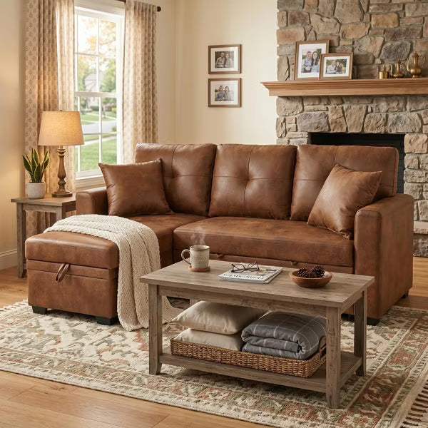 Movie Night Ready Sleeper Sofa – Light Brown L-Shaped Sectional with Pull-Out Bed, Reversible Chaise & Storage for Small Space Living Room