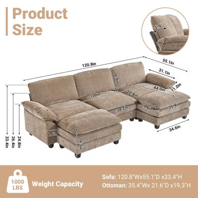 Karl Home |120 in. W Pillow Top Arm Double-layer Cushion Chenille Sofa in Brown With Ottoman