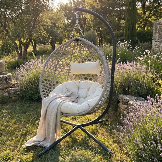 Foldable Grey Hanging Egg Chair with Stand – All-Weather Rattan Swing Basket Chair for Indoor & Outdoor Relaxation