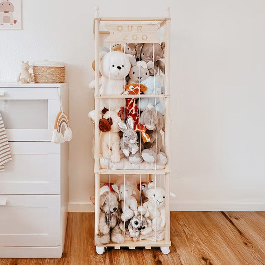 Fodoss Wooden Stuffed Animal Organizer Zoo-Themed Storage for Plush Toys, Kids's Room, Nursery, Playroom, Space-Saving Toy Holder (log color)