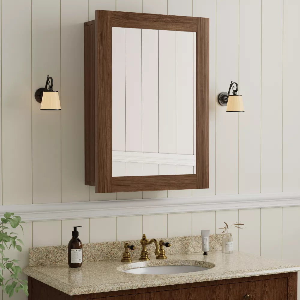 16"x24" Wood Bathroom Medicine Cabinet with Mirror,Recessed & Surface Mount,Adjustable Storage Shelves,Soft-Close Hinges, Fully Assembled, Walnut