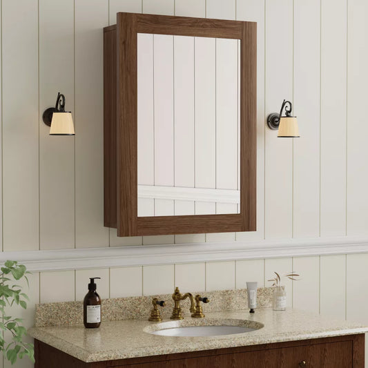 16"x24" Wood Bathroom Medicine Cabinet with Mirror,Recessed & Surface Mount,Adjustable Storage Shelves,Soft-Close Hinges, Fully Assembled, Walnut
