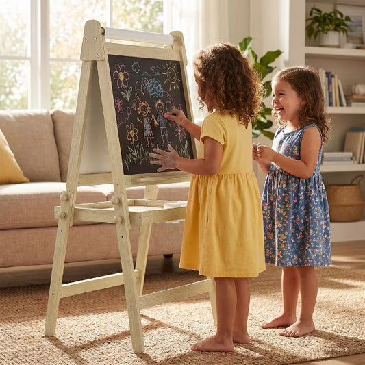 TODECARE Adjustable 3-in-1 Kids Art Easel with Magnetic Whiteboard, Chalkboard, Paper Roll & Storage, Natural