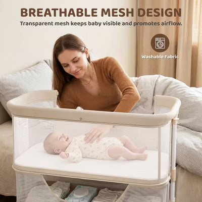 TODECARE 3-in-1 Convertible Baby Bassinet Bedside Sleeper with Adjustable Height, Wheels & Mosquito Net, Beige