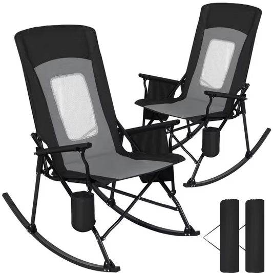 SUNSPIRE 2-Pack Oversized Folding Rocking Camp Chairs, Portable Outdoor Rocker, High Back, Mesh Back, Hard Arms, Carry Bag, Support to 400lb BLACK