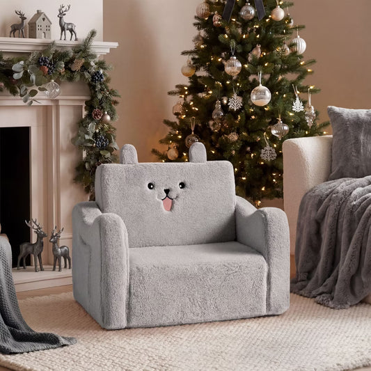 TODECARE 2-in-1 Toddler Sofa Chair – Foldable Baby Couch & Flip-Open Sofa Bed for Playroom, Gray