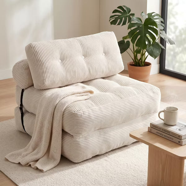 Convertible Corduroy Sofa Bed Folding Sleeper Chair Floor Lounge Couch with 2 Pillows for Dorm Small Spaces Studio Apartment Playroom, Oatmeal Cream