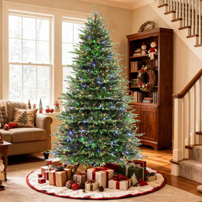 VIVATREES 7.5/9ft Pre-lit Artificial Christmas Tree Hinged Branch Tips Multi-color LED Lights Foldable Base 7.5FT