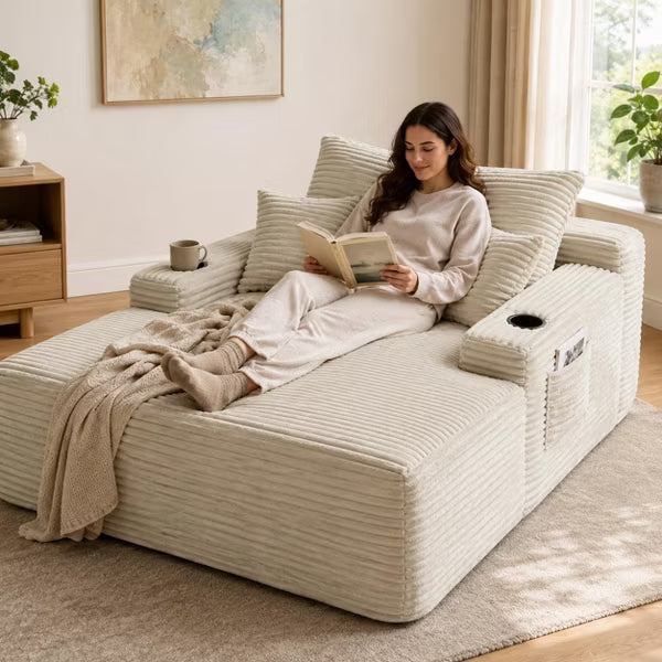 47" Corduroy Convertible Chaise Lounge Chair with Cup Holder, Plush Sleeper Sofa Bed with Pillows, No Assembly Required for Living Room Bedroom Dorm