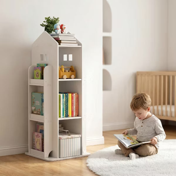 Kids 4-Tier Rotating Bookshelf, 360° Swivel Floor Bookcase & Toy Storage Organizer, Unpainted Nursery Furniture - Cloud White