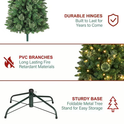 VIVATREES 7.5/9/12ft Pre-lit Artificial Christmas Tree Hinged Branch Tips Multi-color LED Lights Foldable Base 7.5FT