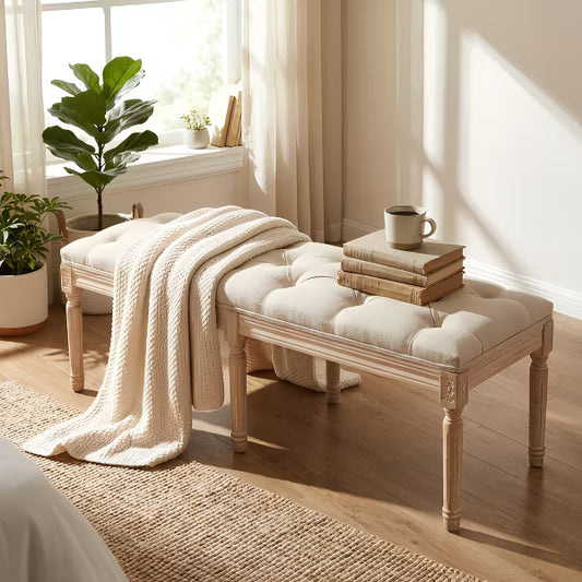 Bedroom Bench, French Vintage Tufted Entryway Bench, 47.2" Upholstered End of Bed Seat with Carved Wood Legs, Linen Ottoman for Living Room, Foyer